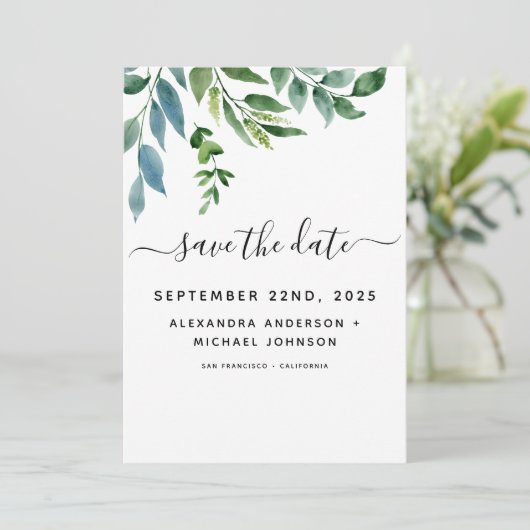 Save The Date Mariage à l'aquarelle de verdure botanique (Debout devant)