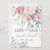 Save The Date Mariage à l'aquarelle rose avec greenery de pivoin (Devant)