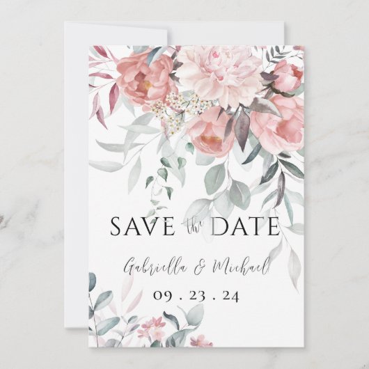 Save The Date Mariage à l'aquarelle rose avec verdure de pivoine (Devant)