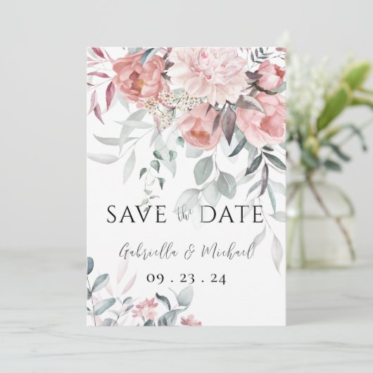 Save The Date Mariage à l'aquarelle rose avec verdure de pivoine (Debout devant)