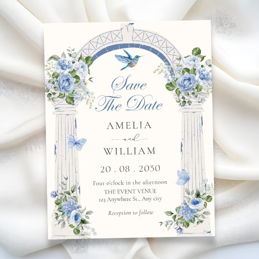 Save The Date Mariage à l'arche florale bleue