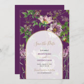 Save The Date Mariage à l'arche florale dorée violette  (Devant / Derrière)