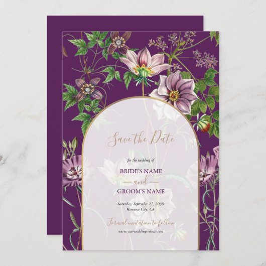 Save The Date Mariage à l'arche florale dorée violette  (Devant / Derrière)
