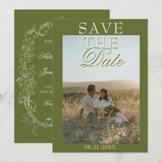 Save The Date Mariage à l'argent ancien avec photo vintage vert