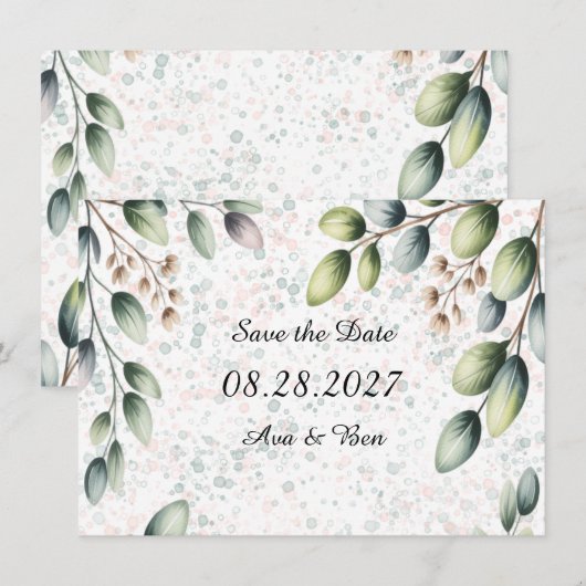 Save The Date Mariage à l'encre alcoolique Eucalyptus Blush (Devant / Derrière)