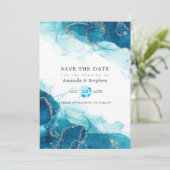 Save The Date Mariage à l'encre alcoolique Turquoise et Or (Debout devant)
