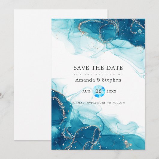 Save The Date Mariage à l'encre alcoolique Turquoise et Or (Devant / Derrière)