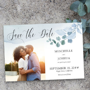 Save The Date Mariage à l'eucalyptus poussiéreux Élégante Photo