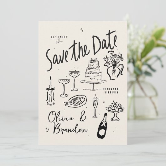 Save The Date Mariage à main fantaisiste illustré (Debout devant)