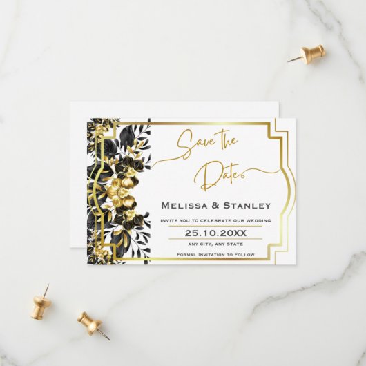 Save The Date Mariage à motif géométrique floral or noir avec mo (Devant/Arrière en situation)