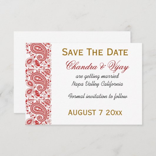 Save The Date Mariage à motifs cachemire rouge et blanc Enregist (Devant / Derrière)