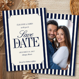 Save The Date Mariage à rayures bleu marine et argent ancien