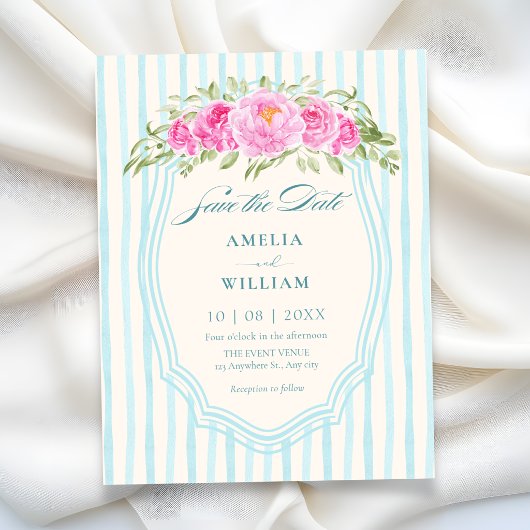 Save The Date Mariage à rayures florales bleues
