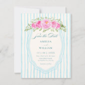Save The Date Mariage à rayures florales bleues (Devant)