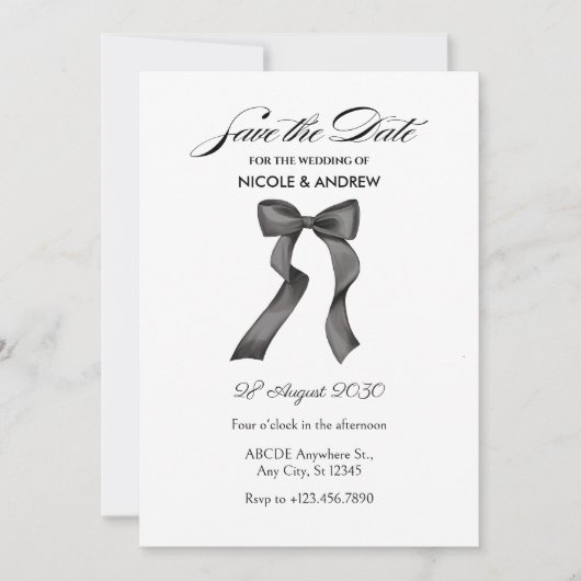 Save The Date Mariage à ruban noir et blanc  (Devant)