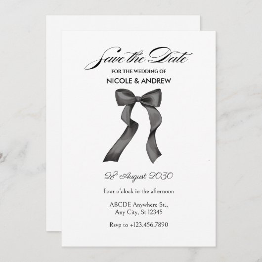 Save The Date Mariage à ruban noir et blanc  (Devant / Derrière)