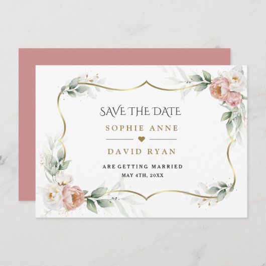 Save The Date Mariage aérien floral rose poussiéreux blanc orné (Devant / Derrière)