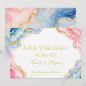 Save The Date Mariage Agate Rose Bleu Or (Devant / Derrière)