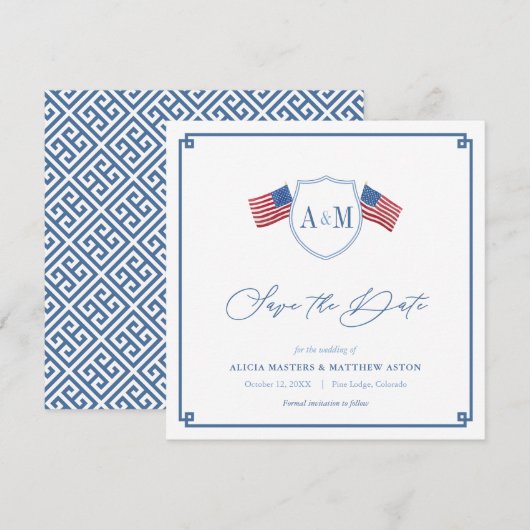 Save The Date Mariage Américain Classique Rouge Blanc Bleu (Devant / Derrière)