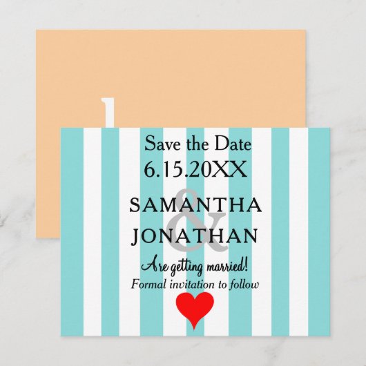 Save The Date Mariage Amour Cœur Rouge Plage Sableuse Bleu Mouss (Devant / Derrière)
