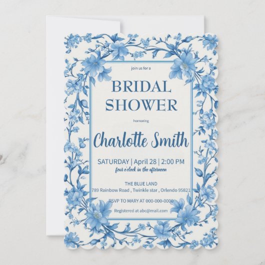 Save The Date mariage ancien de style chinoiserie bleu et blanc (Devant)