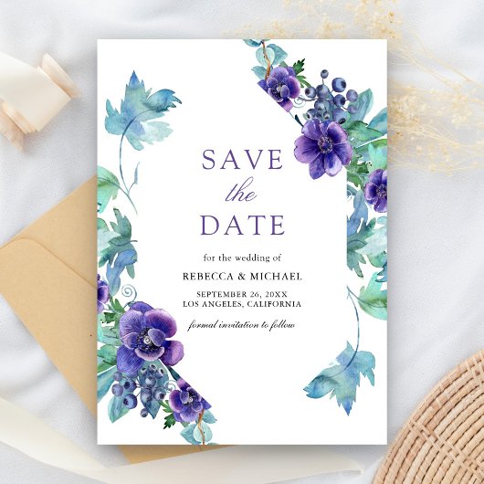 Save The Date Mariage Anémones Aquarelle Violette
