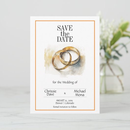 Save The Date Mariage Anneaux Elégant Mariage blanc (Debout devant)