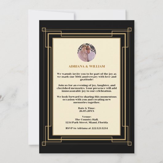 Save The Date Mariage Anniversaire Art Déco Rétro Noir & Or (Dos)