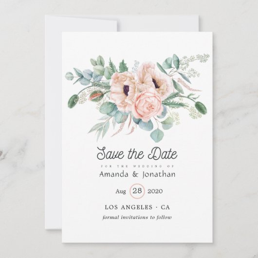 Save The Date Mariage aquarelle boho eucalyptus poppy (Devant)