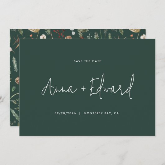 Save The Date Mariage aquarelle botanique vert moderne minimalis (Devant / Derrière)