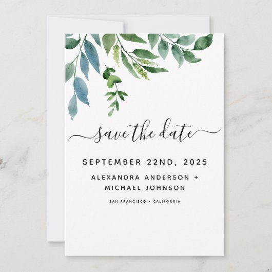 Save The Date Mariage Aquarelle de Feuillage de Verdure Botaniqu (Devant)