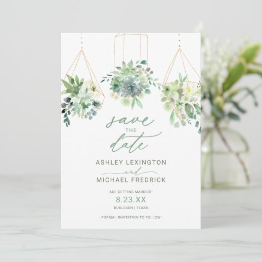 Save The Date Mariage Aquarelle de Succulentes et de Feuillage B (Debout devant)