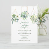 Save The Date Mariage Aquarelle de Succulentes Feuillage Bleu Po (Debout devant)