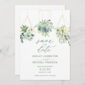Save The Date Mariage Aquarelle de Succulentes Végétation Bleu P (Devant / Derrière)