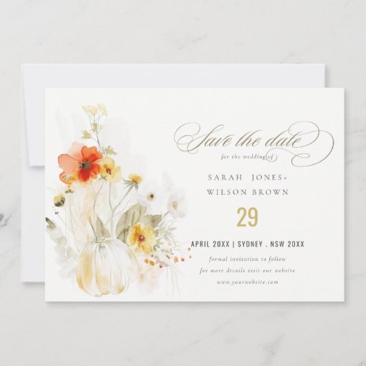 Save The Date Mariage Aquarelle Élégant Automne Fleur Sauvage Ci (Devant)