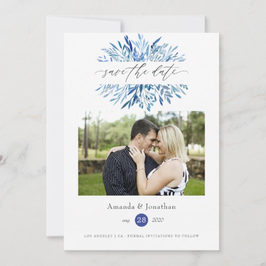 Save The Date Mariage Aquarelle Feuilles d'Indigo Marine (Devant)