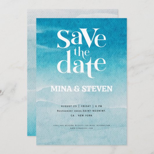 Save The Date Mariage aquarelle océan bleu moderne  (Devant / Derrière)