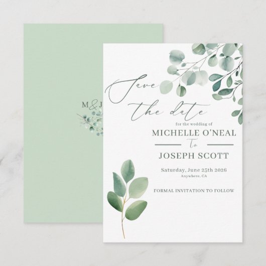Save The Date Mariage aquarelle vert sauge eucalyptus (Devant / Derrière)