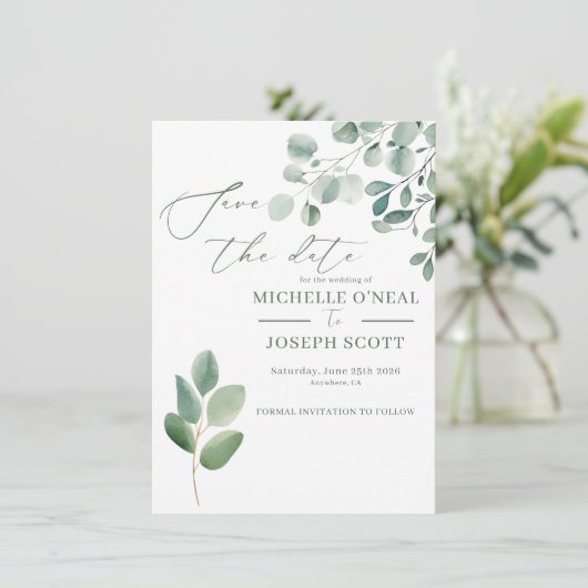 Save The Date Mariage aquarelle vert sauge eucalyptus (Debout devant)