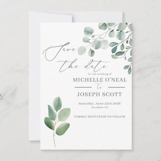 Save The Date Mariage aquarelle vert sauge eucalyptus (Devant)