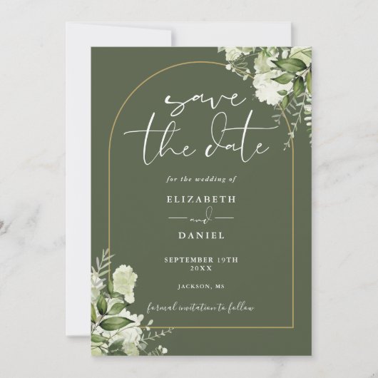 Save The Date Mariage Arche Florale Vert Olive Doré (Devant)