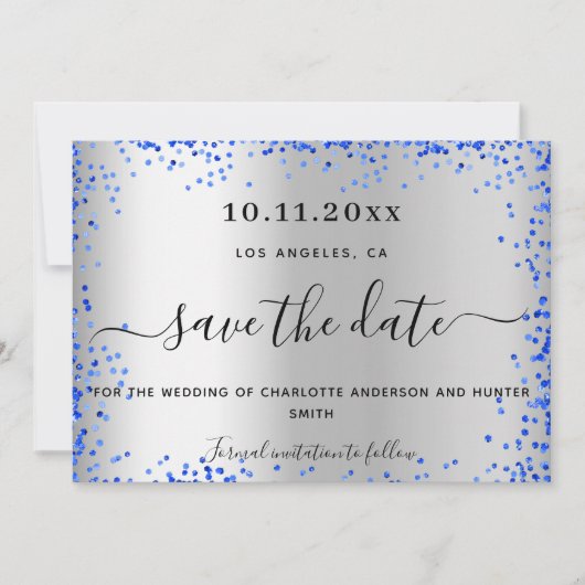 Save The Date Mariage argent bleu royal élégant (Devant)