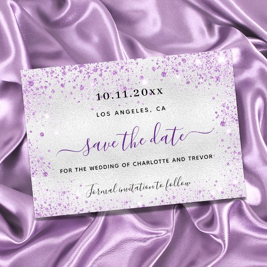 Save The Date Mariage argent violet scintille élégant