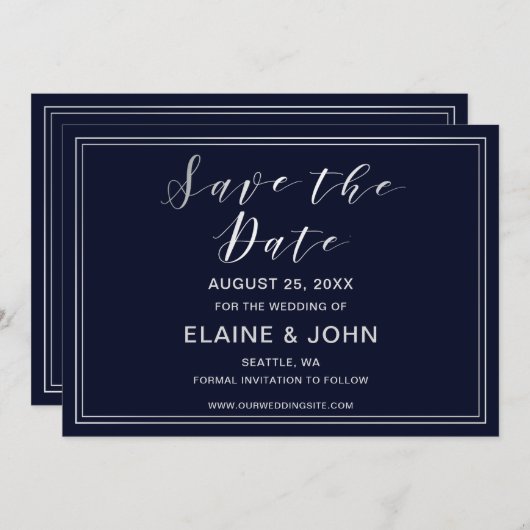 Save The Date Mariage Argenté Classique Navy save the dates (Devant / Derrière)