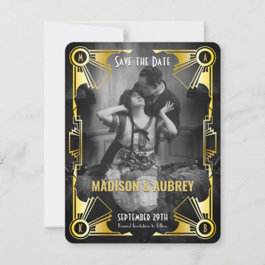 Save The Date Mariage Art Déco Gatsby Or & Noir Photo (Devant)