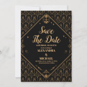 Save The Date Mariage Art Déco Géométrique Elégant Or Noir (Devant)