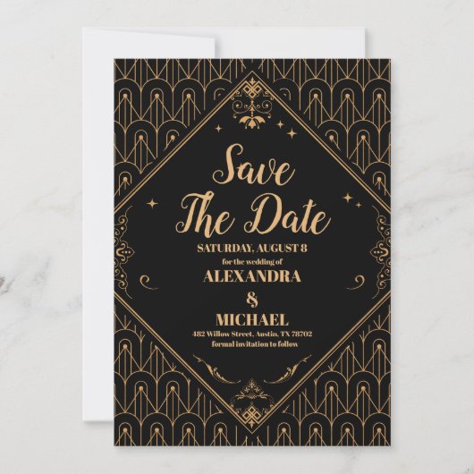 Save The Date Mariage Art Déco Géométrique Elégant Or Noir (Devant)