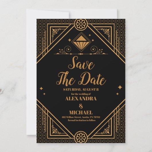 Save The Date Mariage Art Déco Géométrique Elégant Or Noir (Devant)