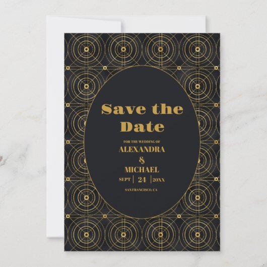 Save The Date Mariage Art déco noir et or glamour (Devant)