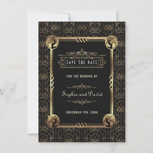 Save The Date Mariage Art Déco noir or unique Great Gatsby (Devant)